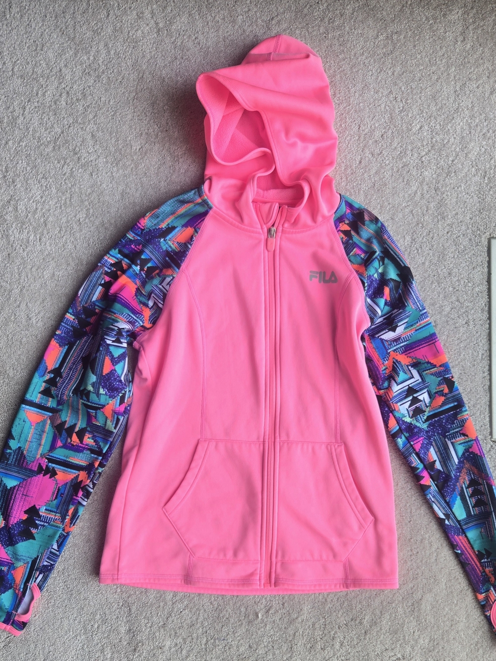 Fila Neon Pink Girls' Zip Hoodie with Multicolor Geo Sleeves